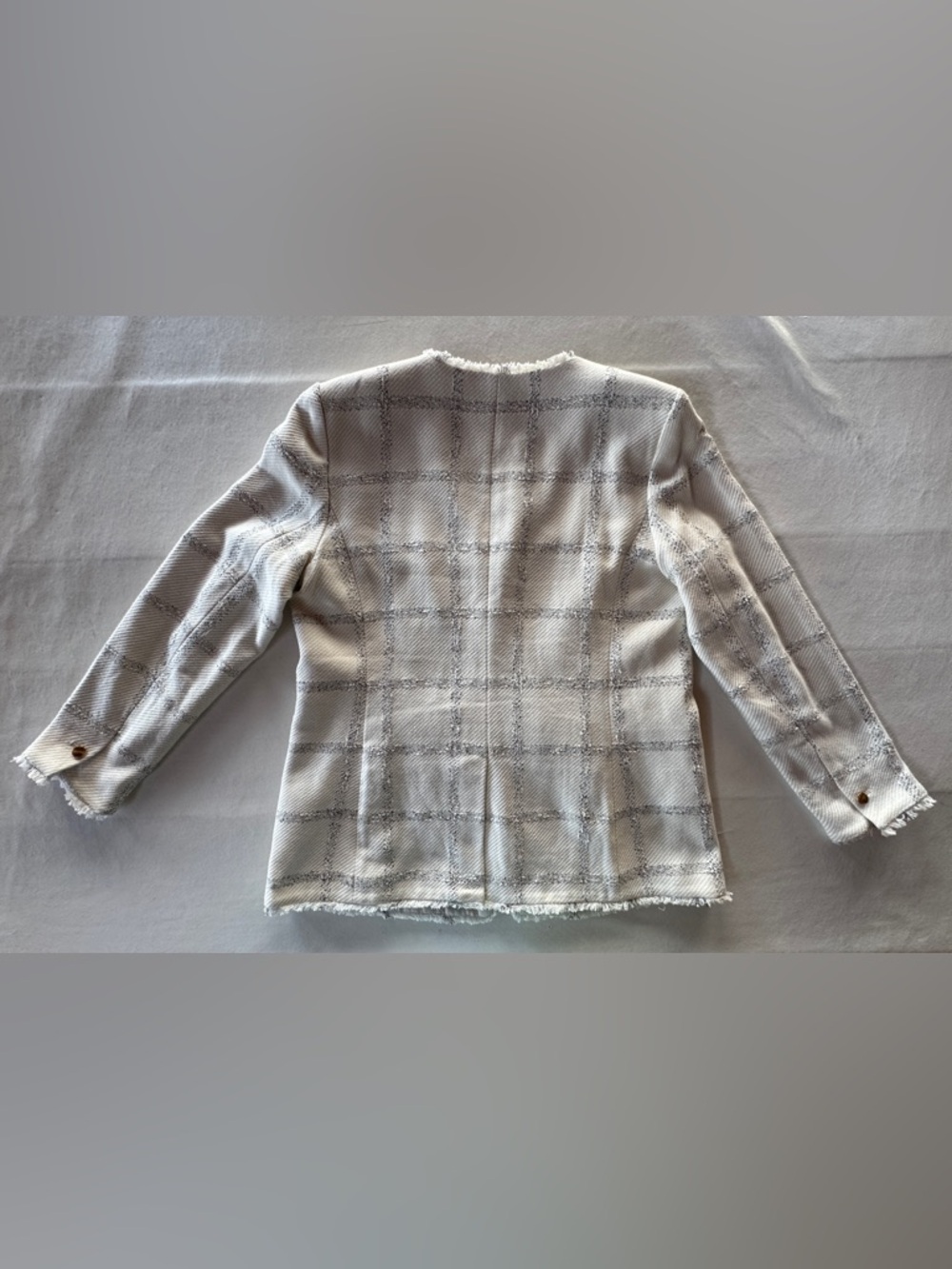 Ann Taylor Cream Gray Windowpane Tweed Fringed Blazer (14) Like New! - Picture 9 of 17